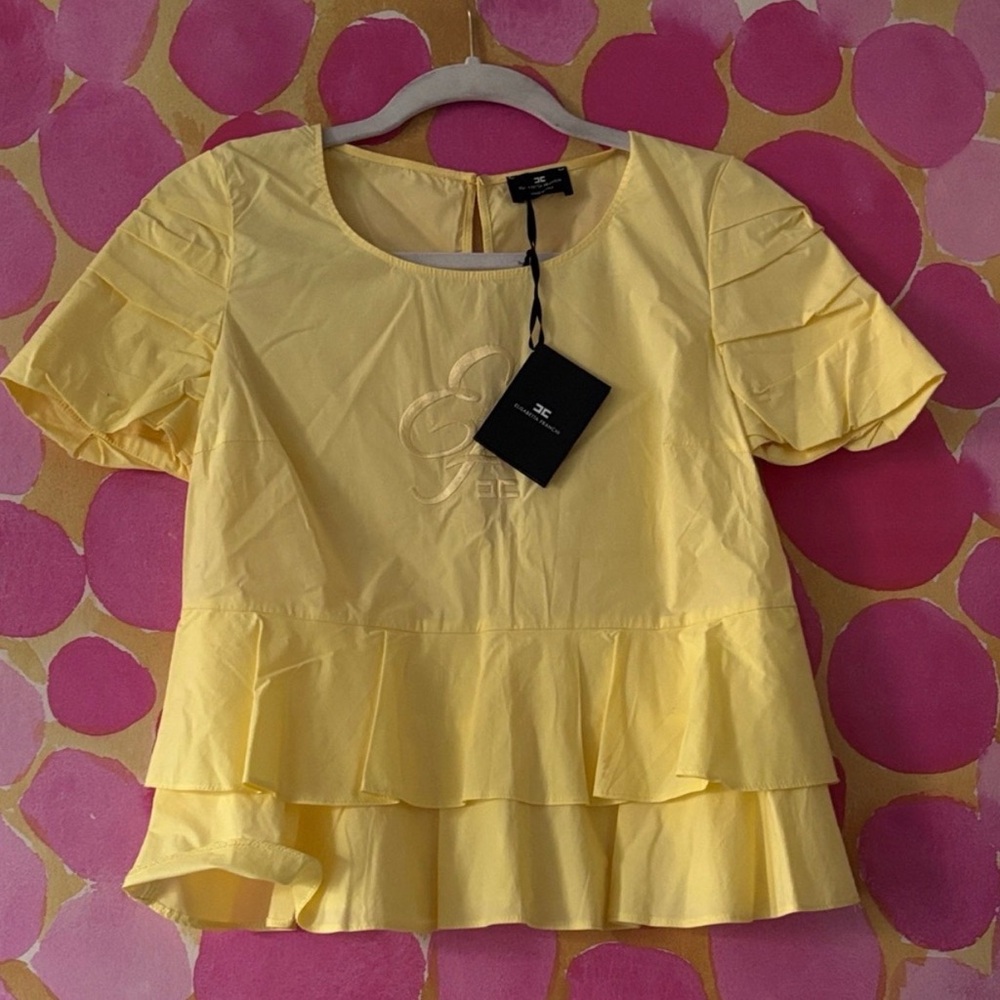 Elizabeth Franchi Yellow Ruffle Hem Short Sleeve Top
